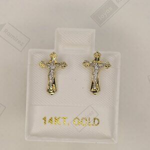 14K Solid Gold Two-Tone Cross Stud Earrings • Elegant Christian Symbol.
